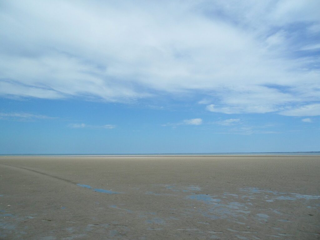 Wet sand flats stretching toward the distant water at low tide on Cape Cod Bay under a wide blue sky