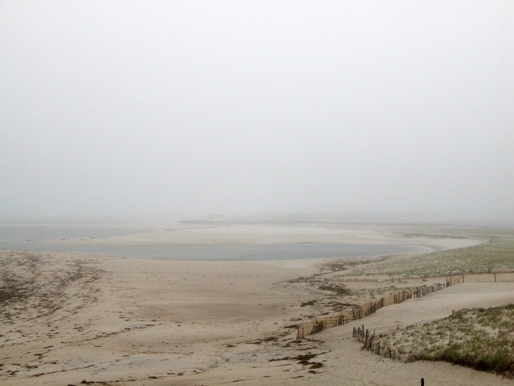 Fog hanging over a nearly empty Chatham beach and dune fence in late May