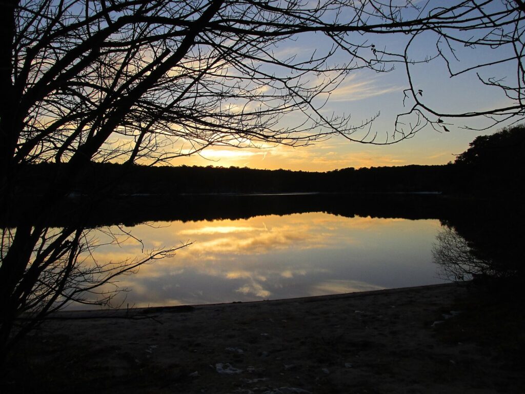 Sunset reflected in Flax Pond at Nickerson State Park, framed by bare tree branches