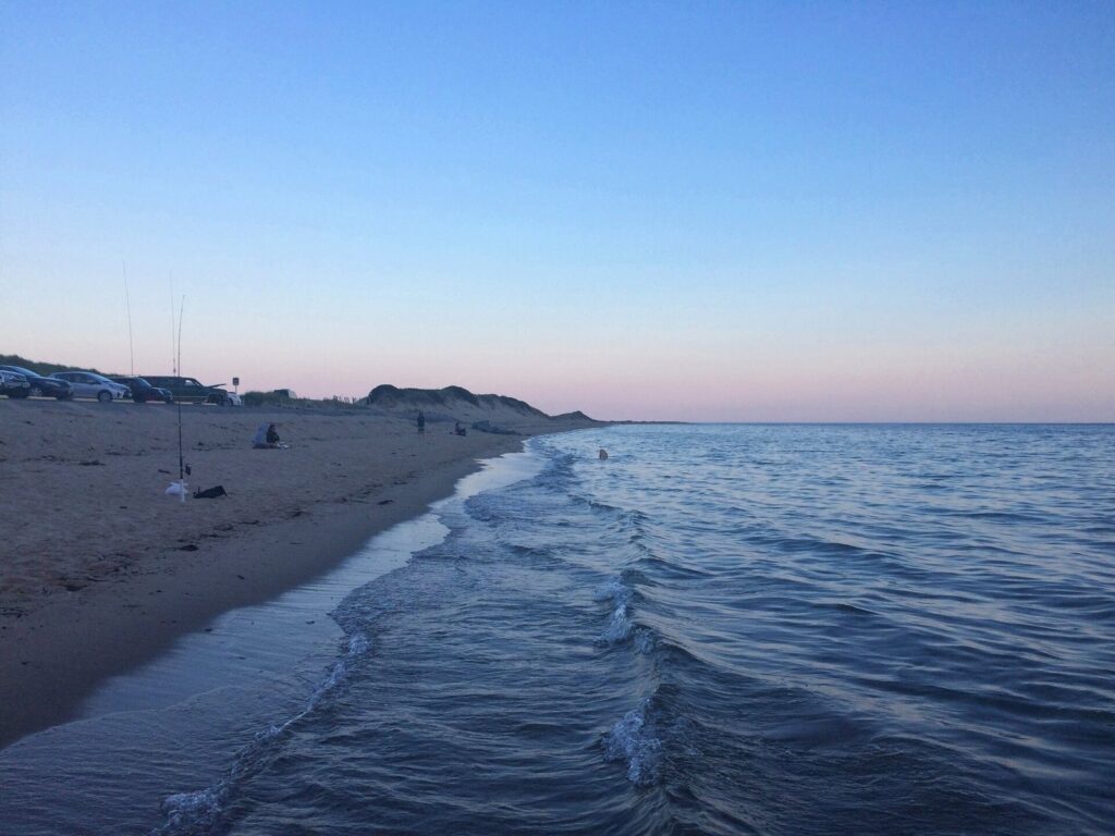 Small waves lapping the sand at Herring Cove Beach at dusk, with fishing rods set up along the shore