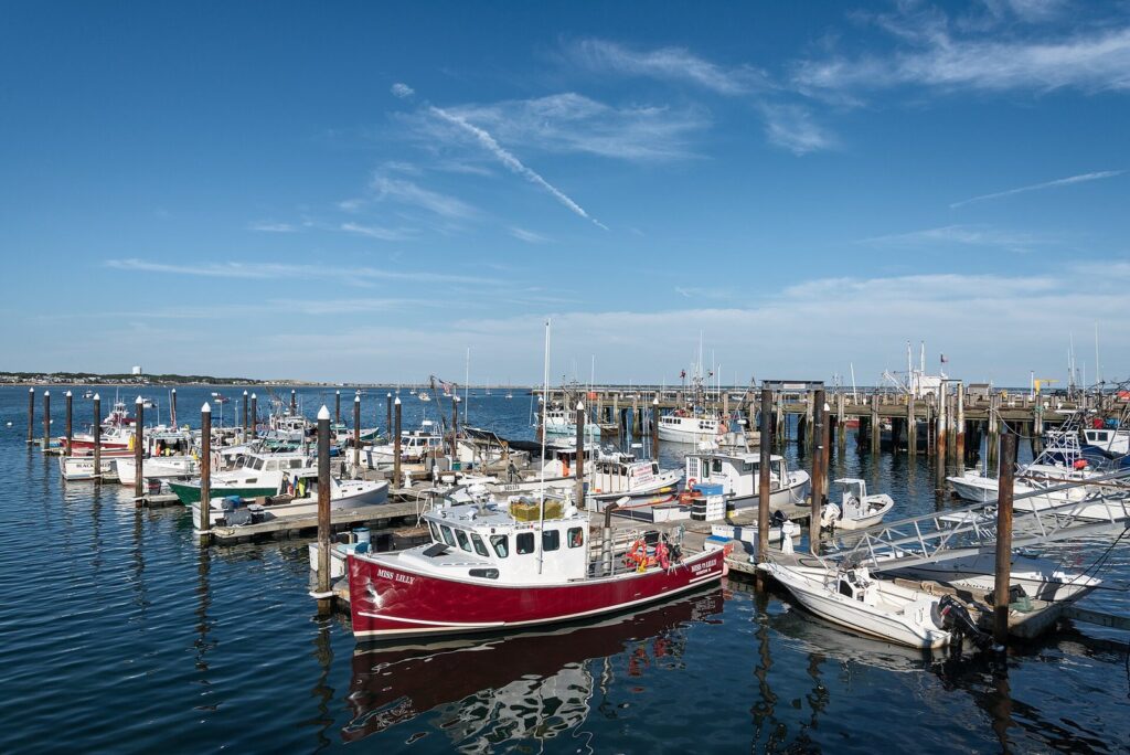 Fishing boats and pleasure craft tied up along the floats at MacMillan Pier in Provincetown Harbor under a blue sky