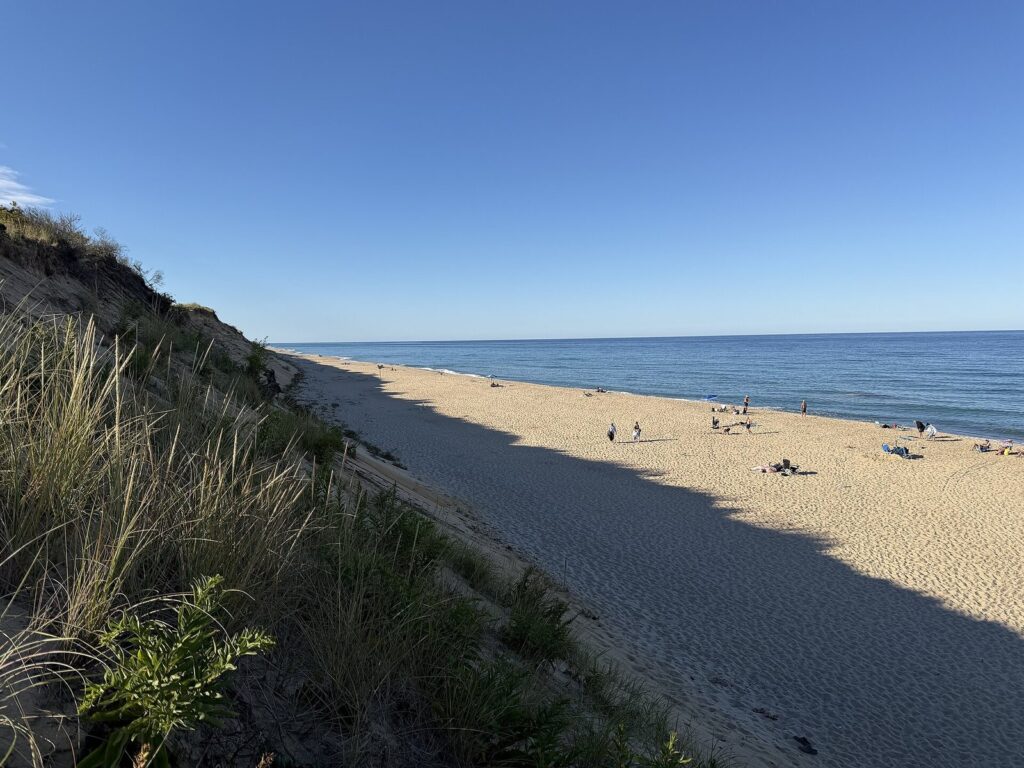 Marconi Beach in Wellfleet seen from the top of the sand cliff, with the Atlantic stretching to the horizon