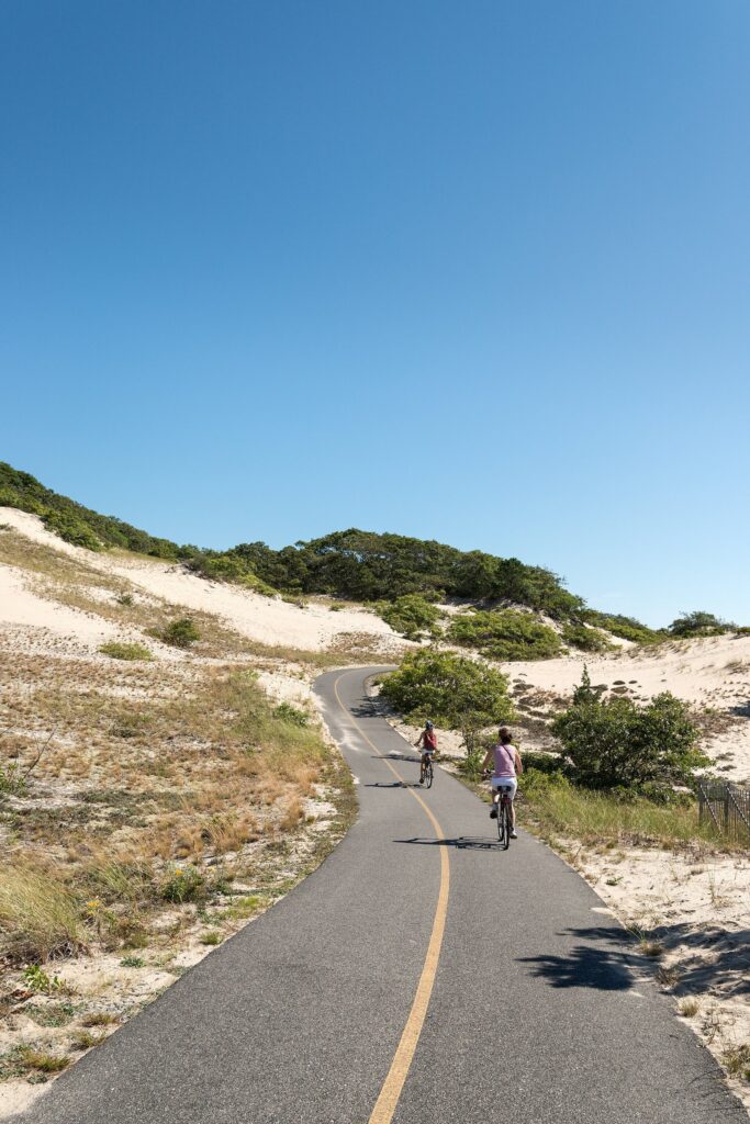 Two cyclists on the paved Province Lands bike trail winding through sand dunes and low shrubs under a blue sky